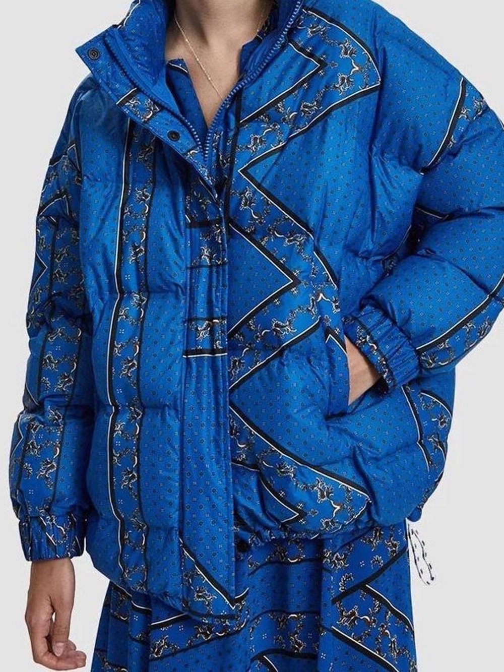 Ganni blue puffer jacket with paisley print